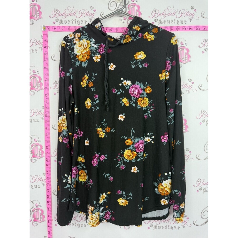 BB collection Floral Hooded Long-Sleeve Dress - Black with Yellow & Pink Blooms